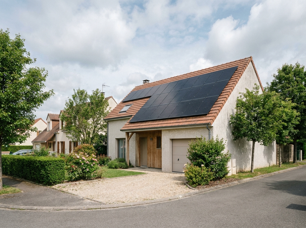 Maison individuelle équipée de panneaux solaires photovoltaïques sur toiture inclinée en zone pavillonnaire française