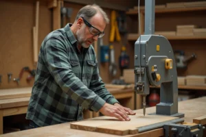 Menuisier professionnel réglant une scie radiale sur un établi en bois dans un atelier de menuiserie