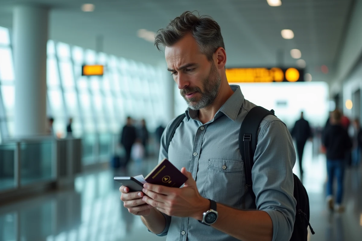 Homme utilisant l'application mobile Turkish Airlines dans un aéroport pour modifier les informations de son billet avant l'enregistrement