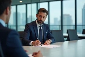 Organisateur d'événement en costume marine signant un contrat pour faire venir une célébrité lors d'un événement professionnel