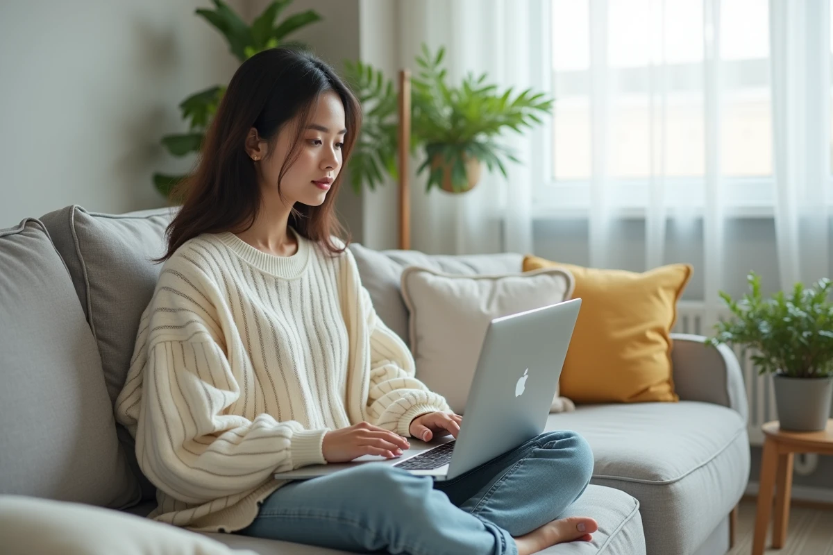 Jeune femme parcourant une plateforme de lecture de manga sur ordinateur portable dans un salon moderne