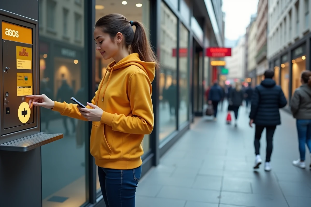 Femme récupérant sa commande Asos dans un casier de retrait automatique en ville