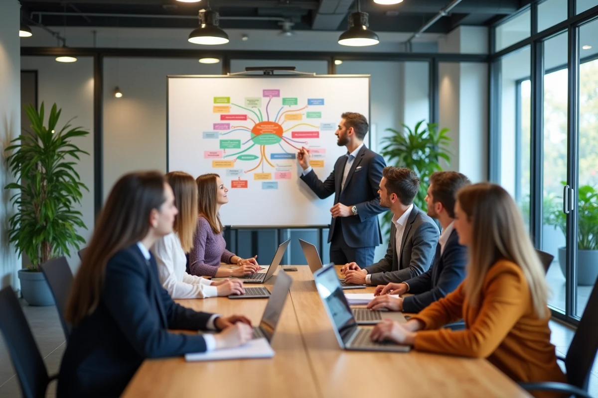 Groupe de professionnels discutant autour d
