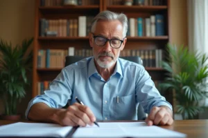 Homme calculant les années de détention d'un bien immobilier pour estimer la plus-value à la revente