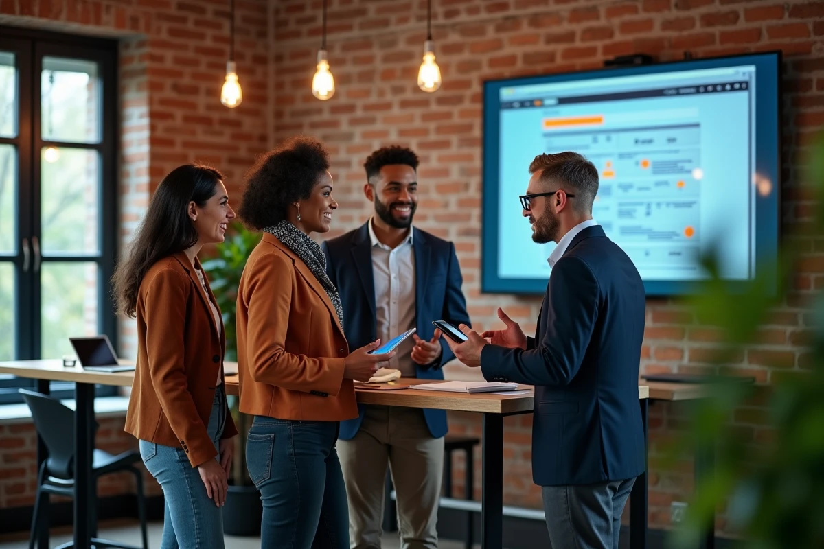 Équipe diverse de professionnels collaborant sur une feuille de route produit B2B dans un espace de coworking moderne
