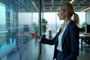 Femme d'affaires analysant des tableaux de bord B2B sur un écran tactile dans un bureau moderne vitré