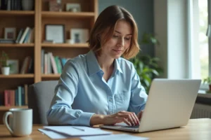 Femme cherchant l'adresse email du service client Cetelem sur son ordinateur portable depuis son bureau à domicile