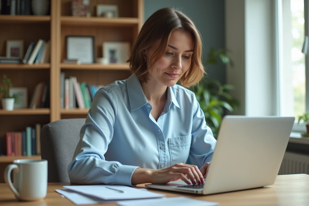 Femme cherchant l'adresse email du service client Cetelem sur son ordinateur portable depuis son bureau à domicile