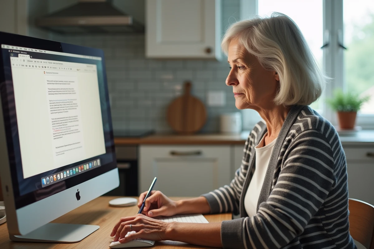 Femme senior rédigeant un email au service client Cetelem depuis son ordinateur de bureau à la maison