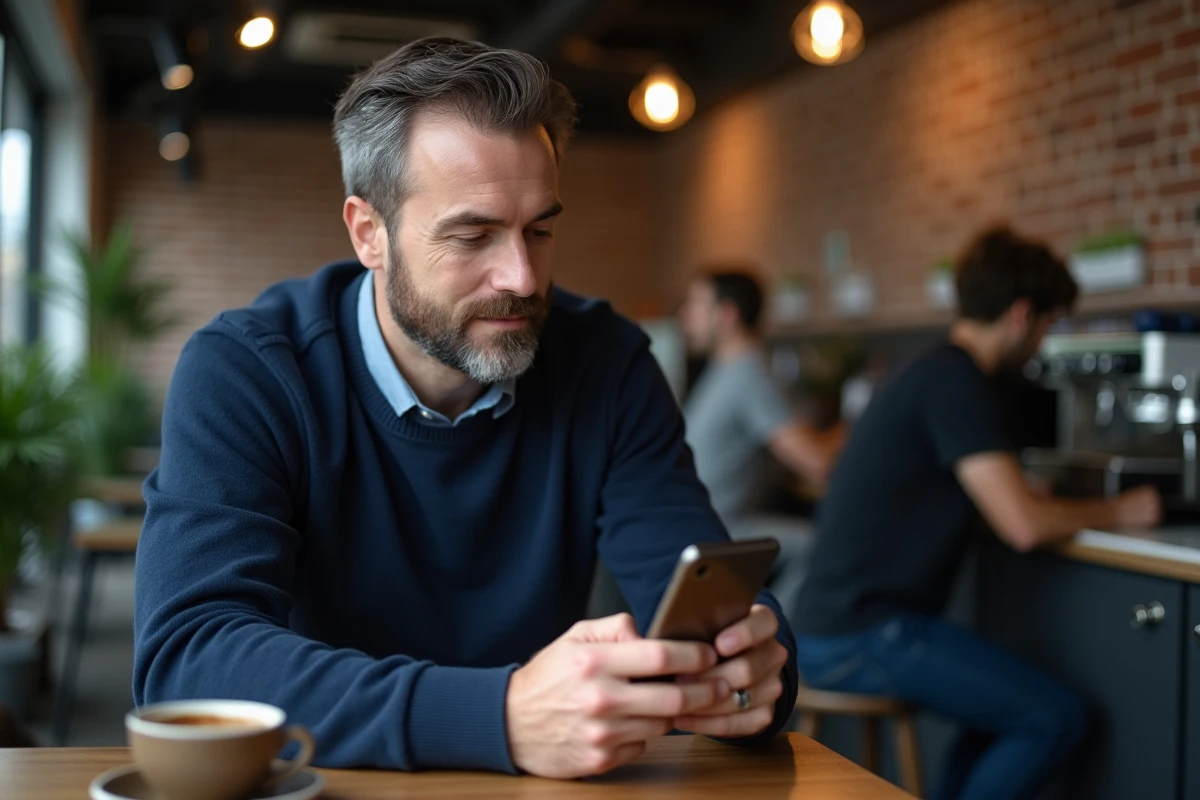 Homme consultant le service client Cetelem par email sur son smartphone dans un café