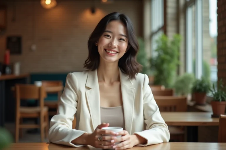 Portrait éditorial d'une femme souriante dans un café parisien, ambiance intime et naturelle, illustrant une interview de couple