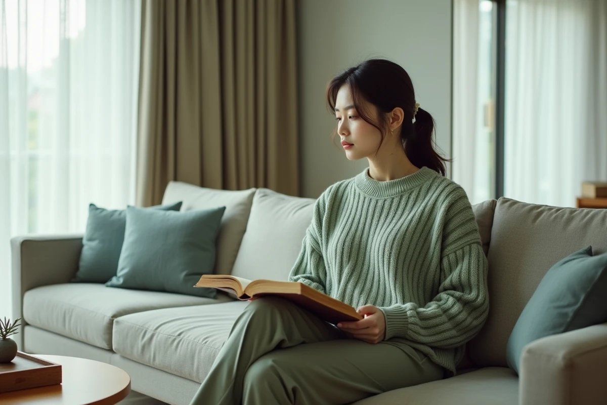 Femme pensive assise dans un salon moderne et épuré, portrait intimiste illustrant une confidence personnelle de couple