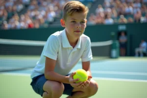 Ramasseur de balles adolescent en tenue blanche accroupi sur un court de tennis professionnel en extérieur lors d'un match