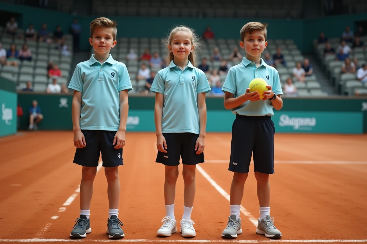 Trois ramasseurs de balles en uniforme alignés sur un court de tennis en terre battue en salle lors d'un tournoi officiel