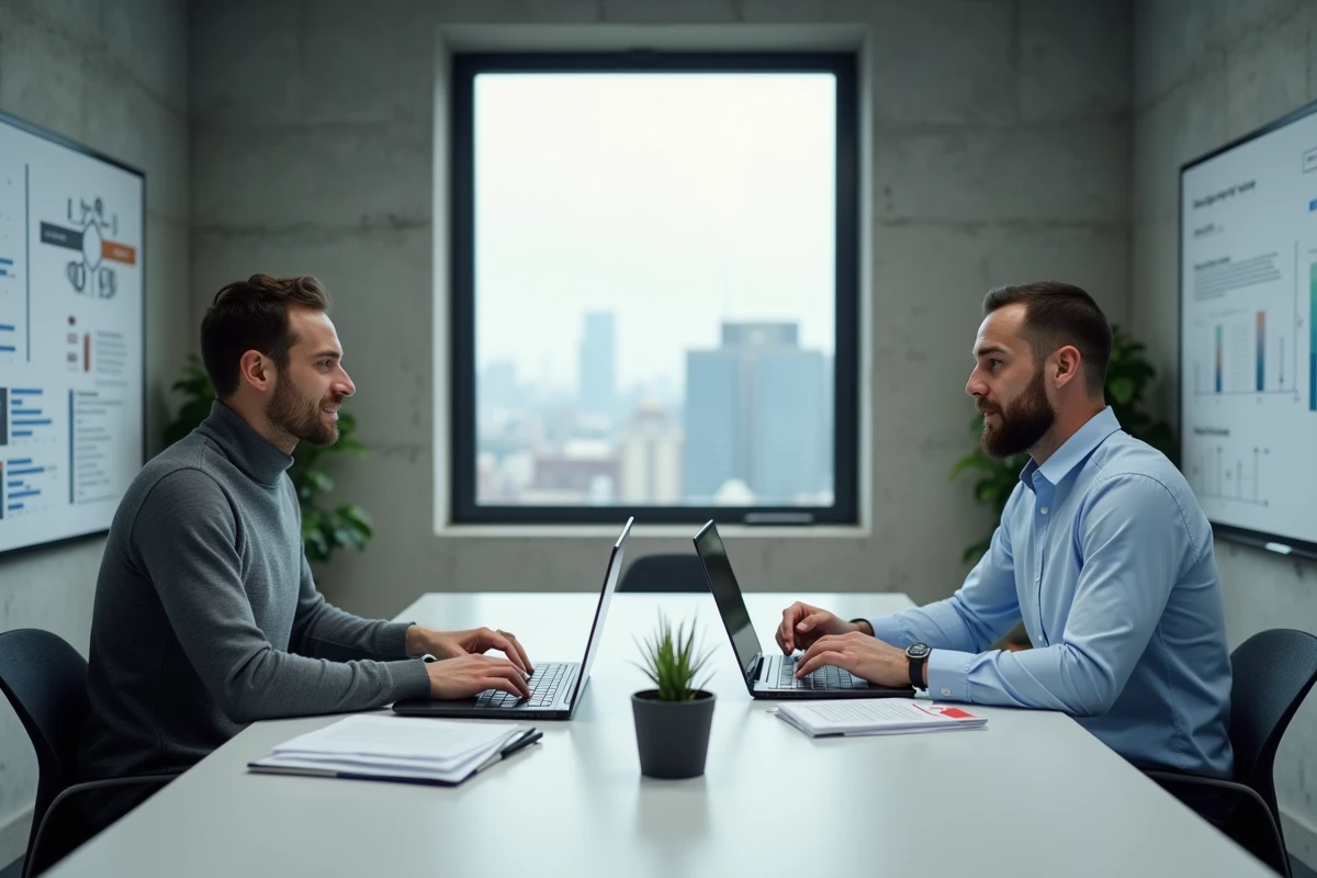 Deux professionnels en réunion stratégique B2B autour d'un tableau de conférence avec ordinateurs portables et rapports