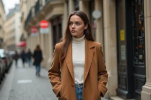 Femme élégante en manteau camel sur un trottoir parisien, tendance mode automne-hiver