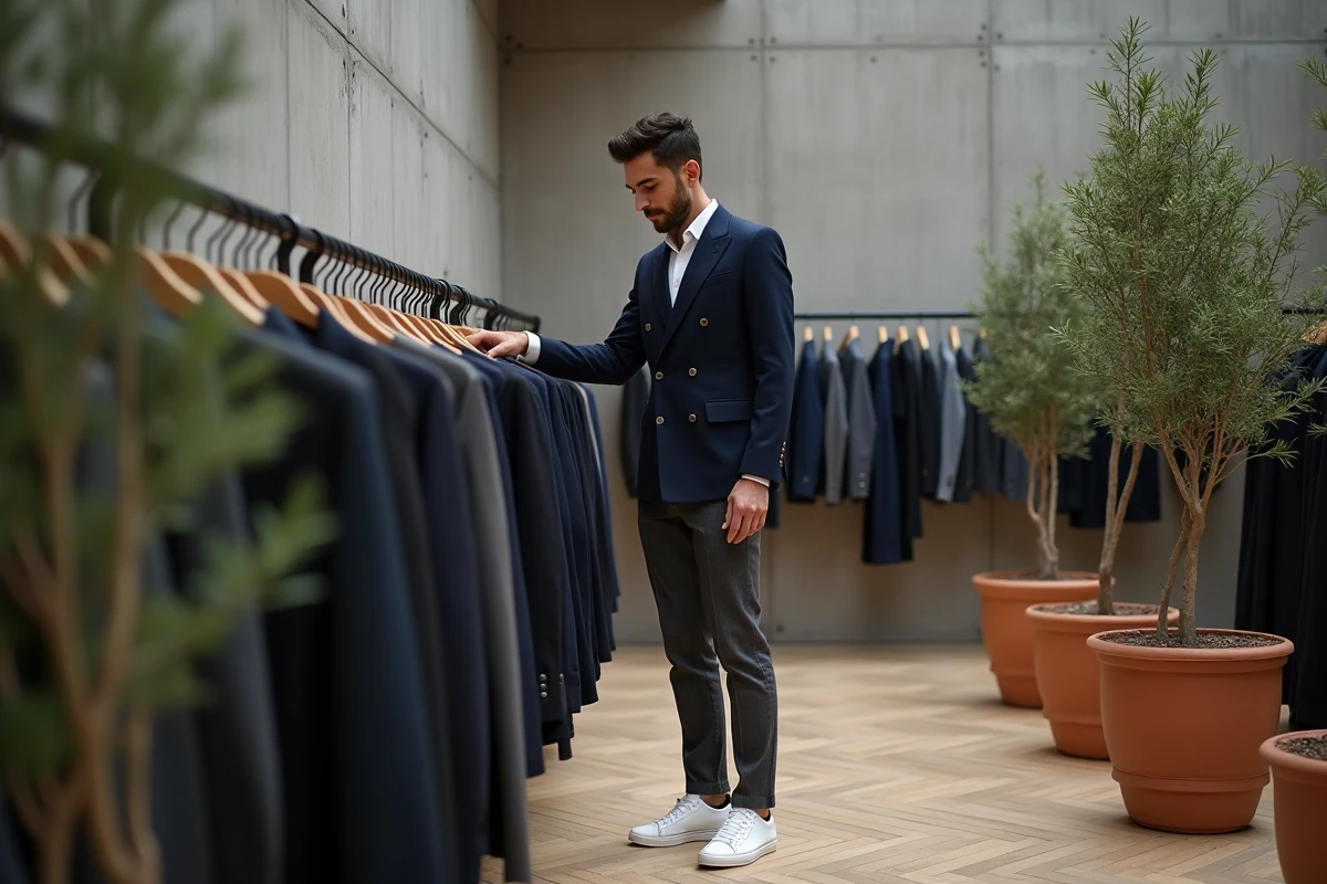 Homme en blazer marine dans une boutique de mode parisienne contemporaine, inspiration style urbain