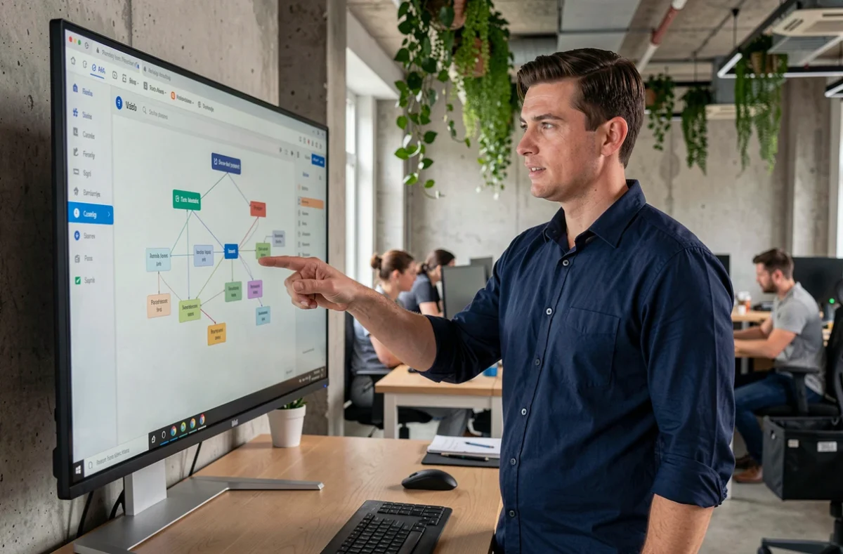Blogueur analysant la structure d'un sitemap sur un écran dans un espace de coworking moderne