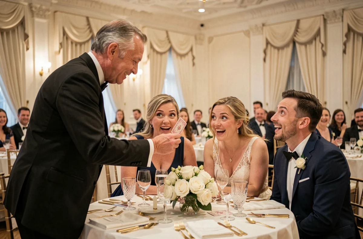 Magicien en smoking réalisant un tour de cartes pour des invités émerveillés lors d'une réception de mariage élégante