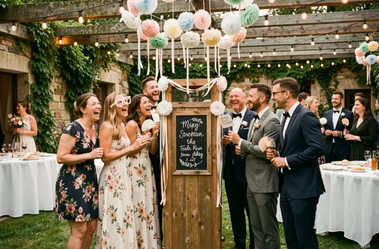 Invités de mariage souriants autour d'un photobooth rustique en plein air avec accessoires originaux et décoration florale
