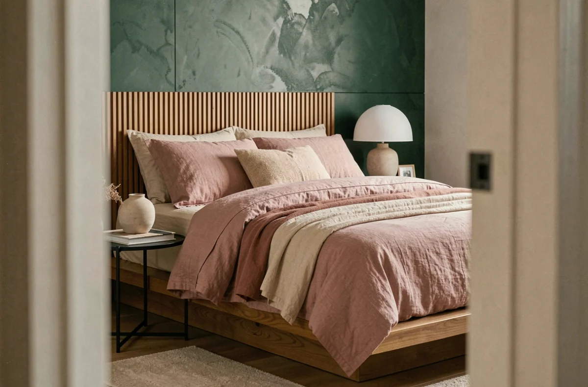 Chambre tendance 2024 avec tête de lit en noyer cannelé, linge de lit en lin et mur vert forêt à la chaux