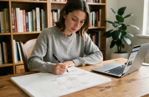 Femme créant un plan de sitemap à la main dans un bureau à domicile chaleureux