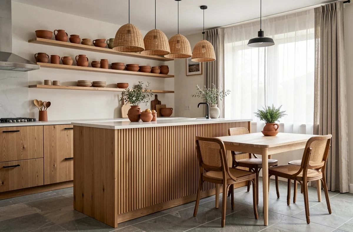 Cuisine contemporaine avec îlot en chêne cannelé, poteries artisanales et chaises en rotin dans un esprit déco 2024