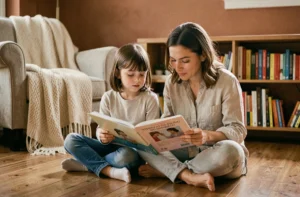 Mère et fille lisant un livre ensemble sur le sol d'un salon chaleureux, illustrant l'accompagnement parental dans l'éducation