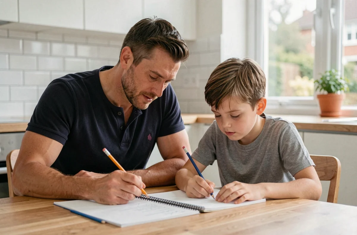 Père aidant son fils à faire ses devoirs à la table de cuisine, représentant le soutien parental dans l'apprentissage scolaire