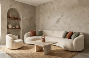 Salon moderne 2024 avec canapé boucle crème, table en travertin et mur à la chaux dans des tons naturels chaleureux