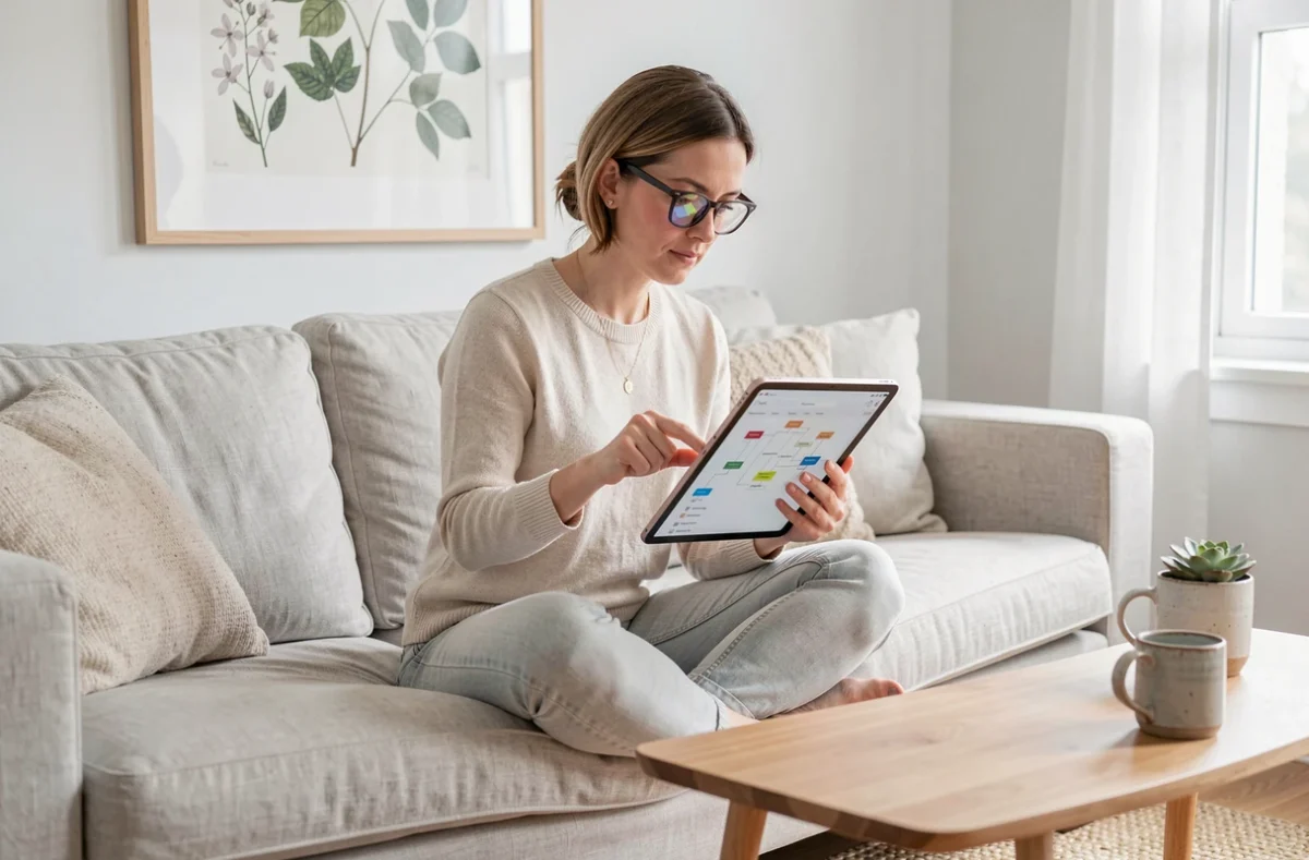 Blogueuse consultant la structure de son sitemap sur une tablette dans un salon minimaliste