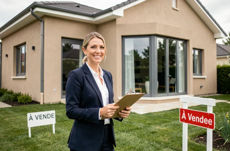 Agent immobilière professionnelle devant une maison à vendre avec panneau À Vendre sur pelouse soignée