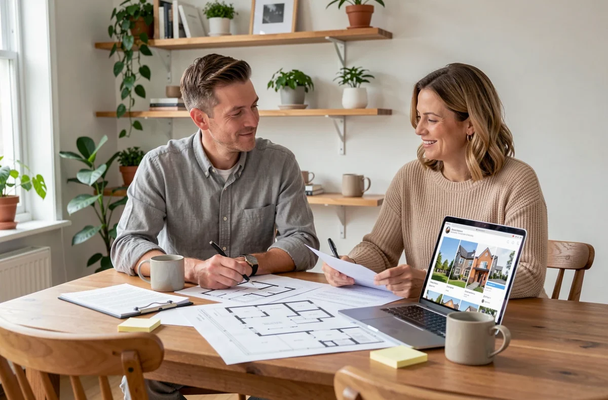 Couple étudiant des documents immobiliers et plans de bien à vendre à leur domicile