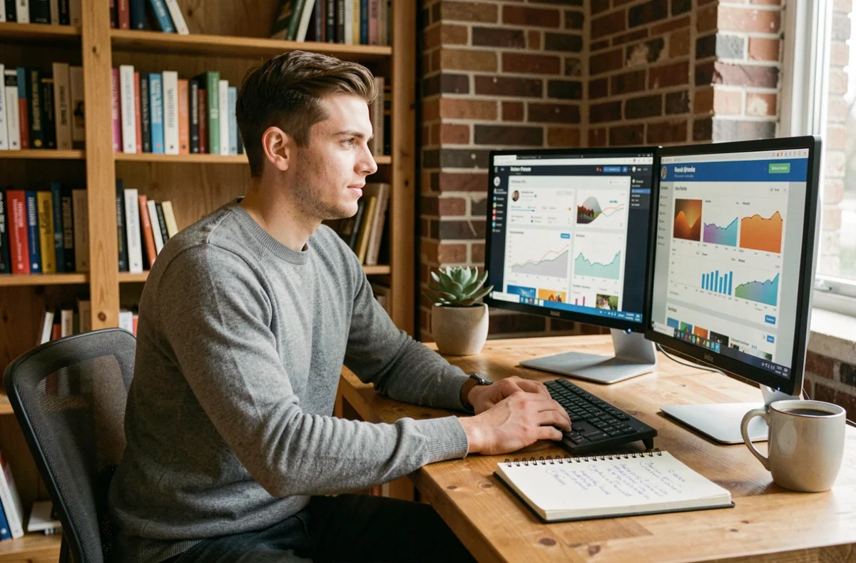 Jeune entrepreneur travaillant sur des campagnes de marketing digital depuis son bureau à domicile avec double écran