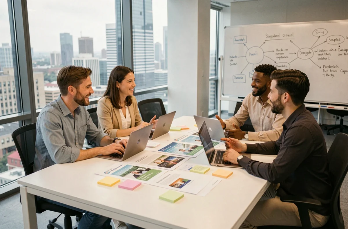 Équipe marketing diversifiée en réunion de brainstorming autour de stratégies digitales dans un espace de coworking moderne