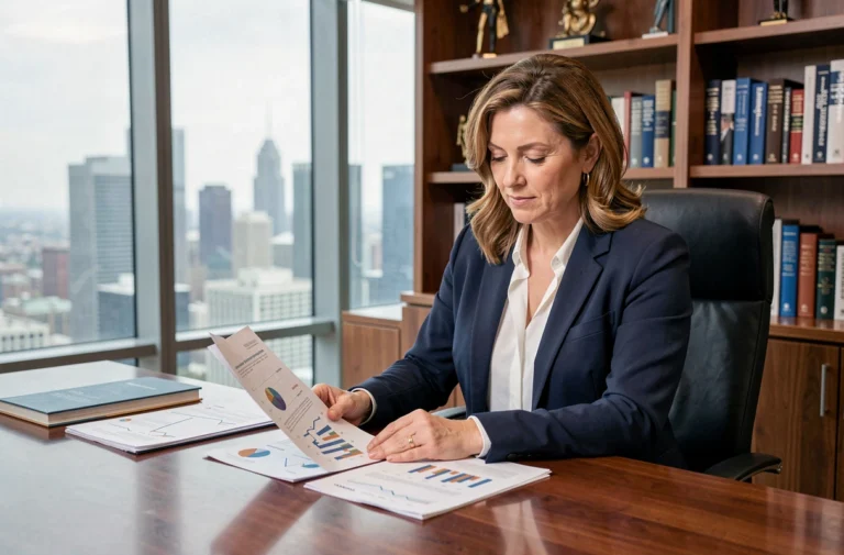 Femme d'affaires professionnelle analysant des documents financiers dans un bureau moderne avec vue sur la ville