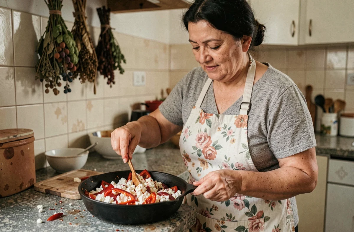 Femme albanaise préparant la fergese traditionnelle dans une cuisine de Tirana, remuant les poivrons rôtis et le fromage dans une poêle en fonte