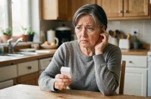 Femme d'âge mûr tenant une boîte de médicaments contre les acouphènes à la main, l'air préoccupée dans sa cuisine