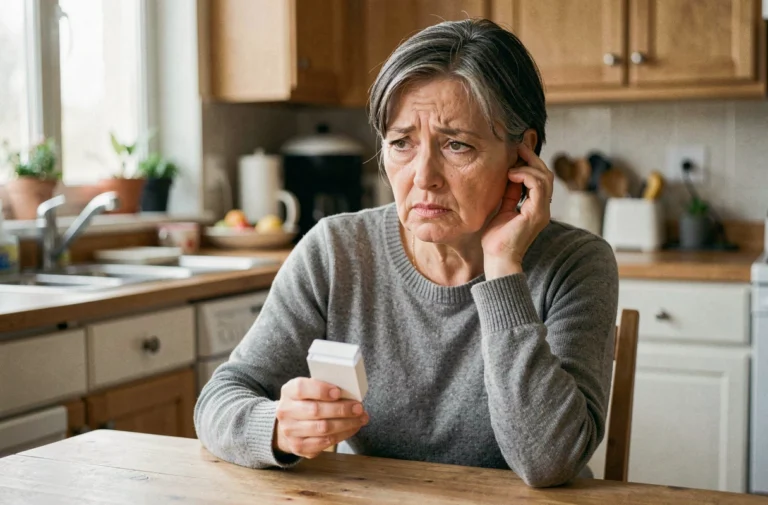 Femme d'âge mûr tenant une boîte de médicaments contre les acouphènes à la main, l'air préoccupée dans sa cuisine