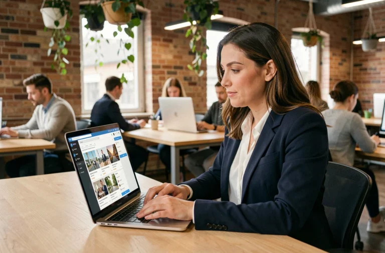 Femme professionnelle cherchant un emploi dans l'événementiel sur une plateforme en ligne dans un espace de coworking moderne