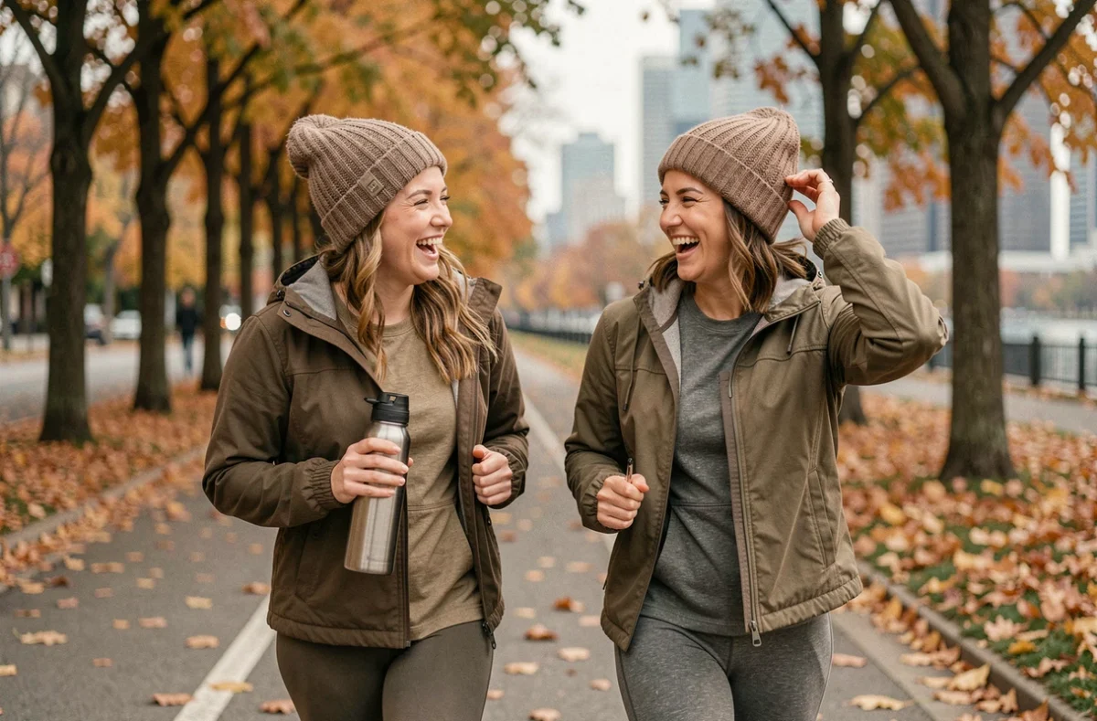Deux femmes marchant et discutant sur un chemin urbain bordé d'arbres en automne pour illustrer un mode de vie sain