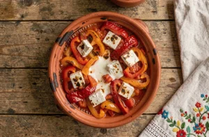 Fergese albanaise traditionnelle servie dans un plat en céramique rustique, spécialité végétarienne de Tirana à base de poivrons rouges et de fromage blanc