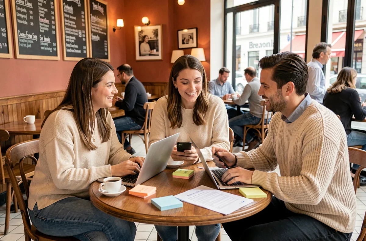Groupe de professionnels discutant des meilleures plateformes pour trouver un emploi dans l'événementiel autour d'une table dans un café parisien