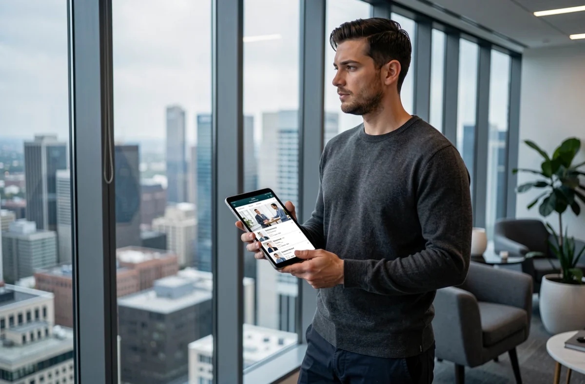 Jeune homme consultant une plateforme d'emploi dans l'événementiel sur une tablette devant une grande fenêtre avec vue sur la ville