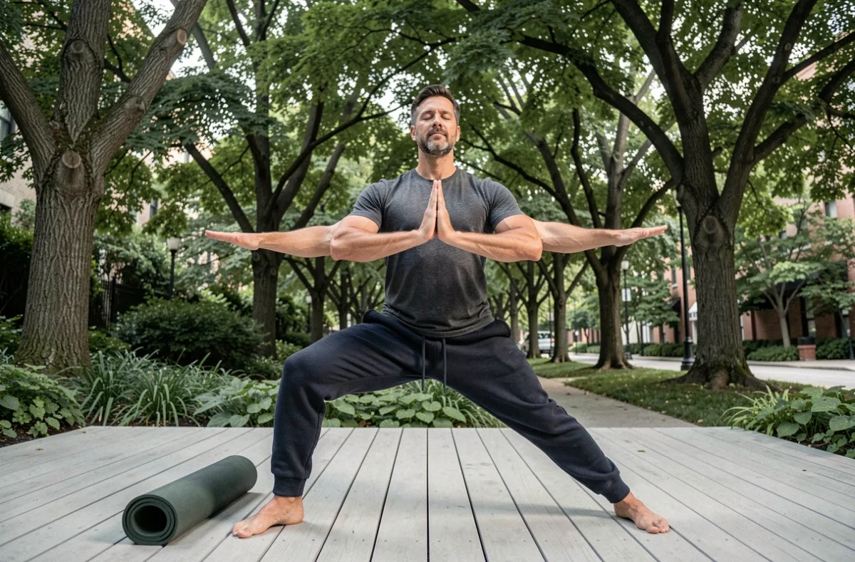 Homme pratiquant le yoga en plein air dans un jardin urbain verdoyant pour un mode de vie équilibré