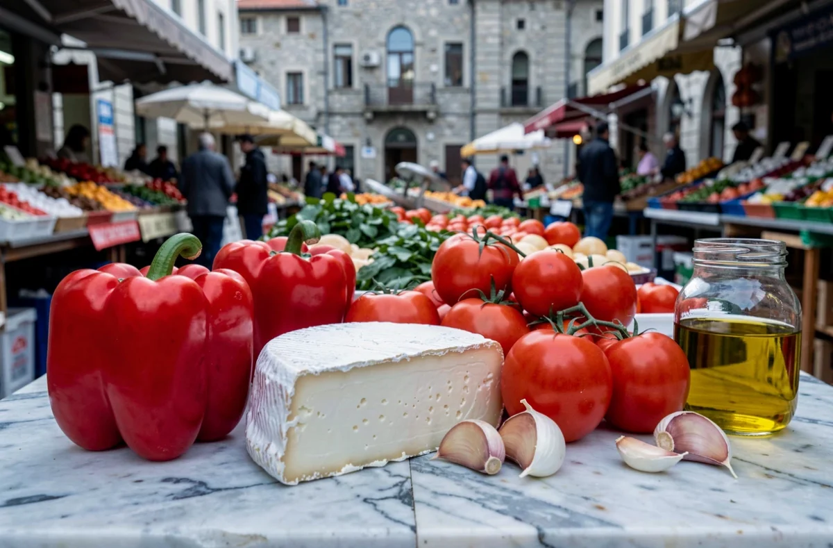 Ingrédients frais pour la fergese albanaise disposés sur un marché de Tirana : poivrons rouges, tomates, fromage gjizë, ail et huile d'olive