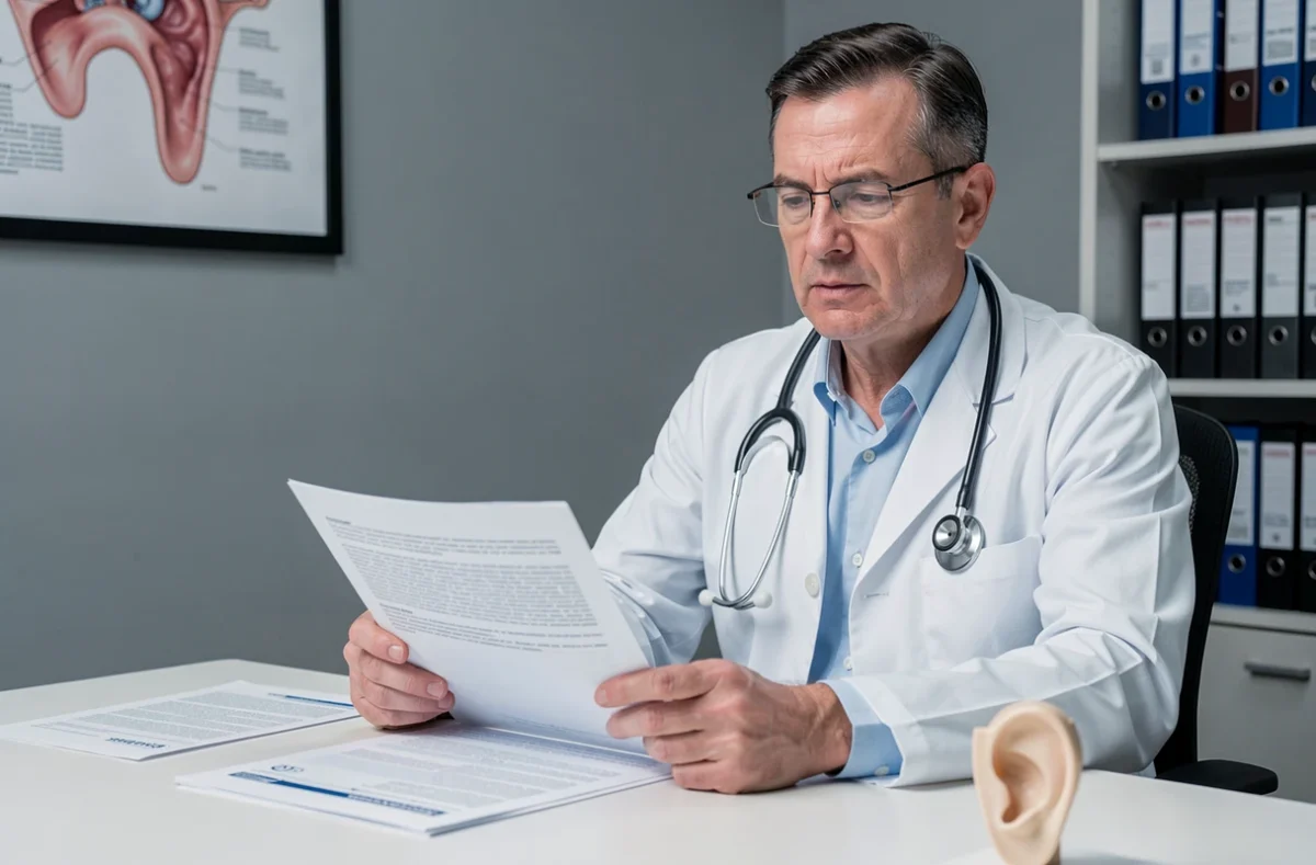 Médecin examinant des documents médicaux sur les acouphènes et les traitements auditifs dans son cabinet