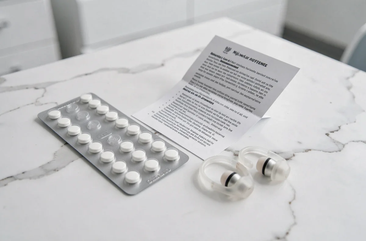Boîte de comprimés, notice médicale et aides auditives posées sur une surface blanche évoquant les risques des médicaments pour acouphènes