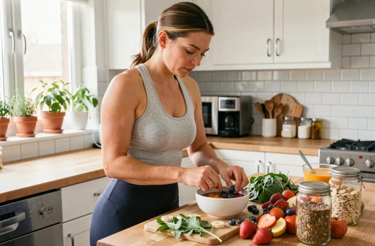 Femme préparant un bol de smoothie coloré avec des fruits frais dans une cuisine saine et moderne
