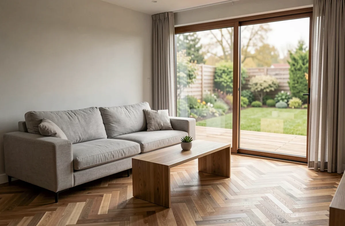 Salon moderne et bien aménagé prêt pour une visite d'acheteurs lors d'une vente immobilière